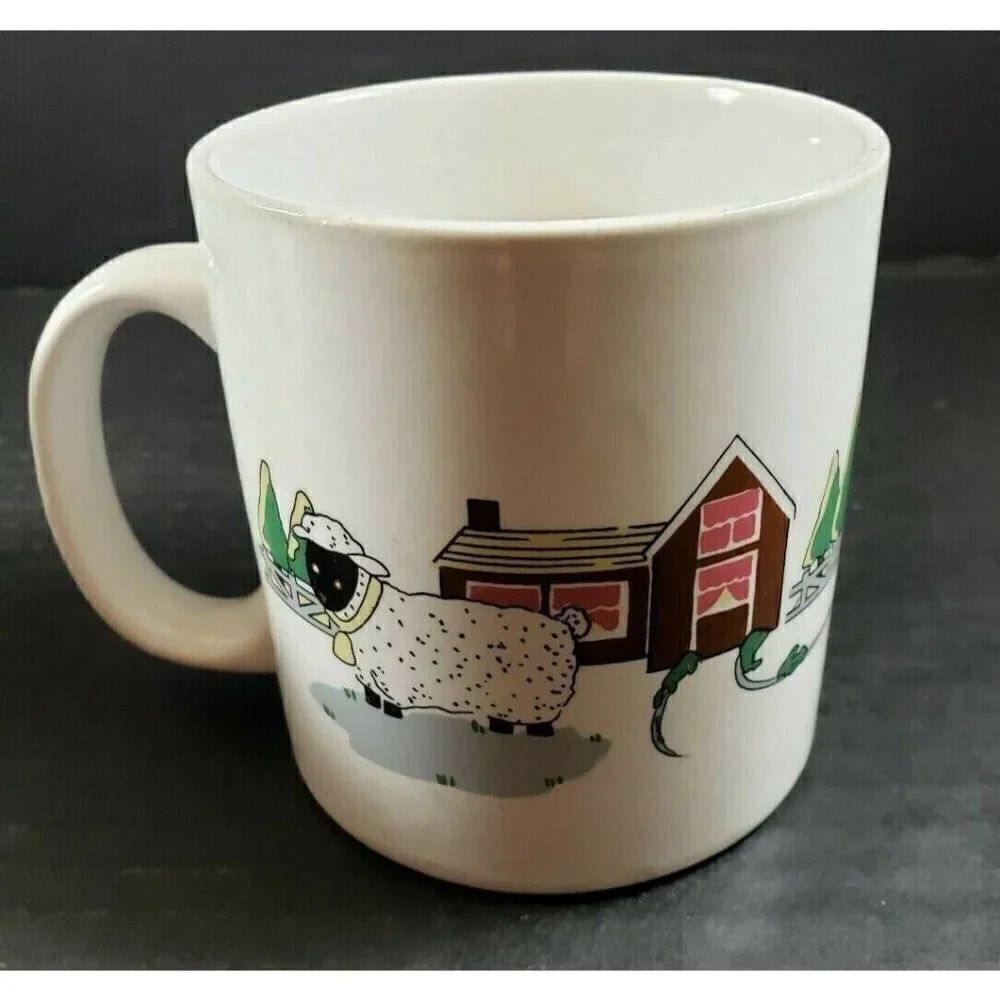 Vintage Set Farmhouse Ceramic Coffee Mugs Farm Animals Barn Sheep Geese Country